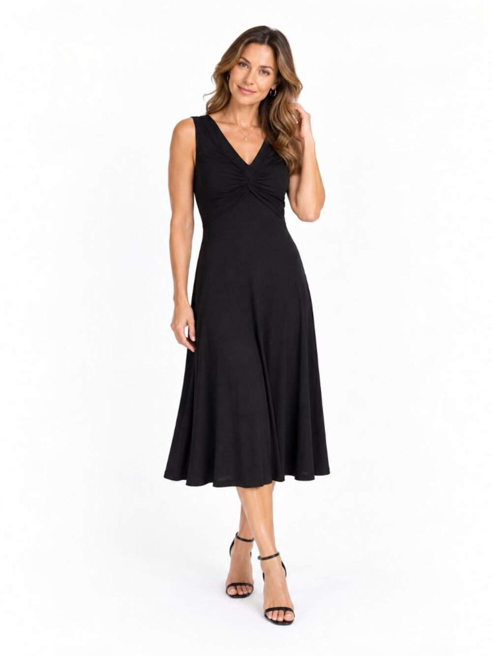 Evan Picone Womens 6 Black Midi Dress Ruched V Neck Stretch Cocktail LBD